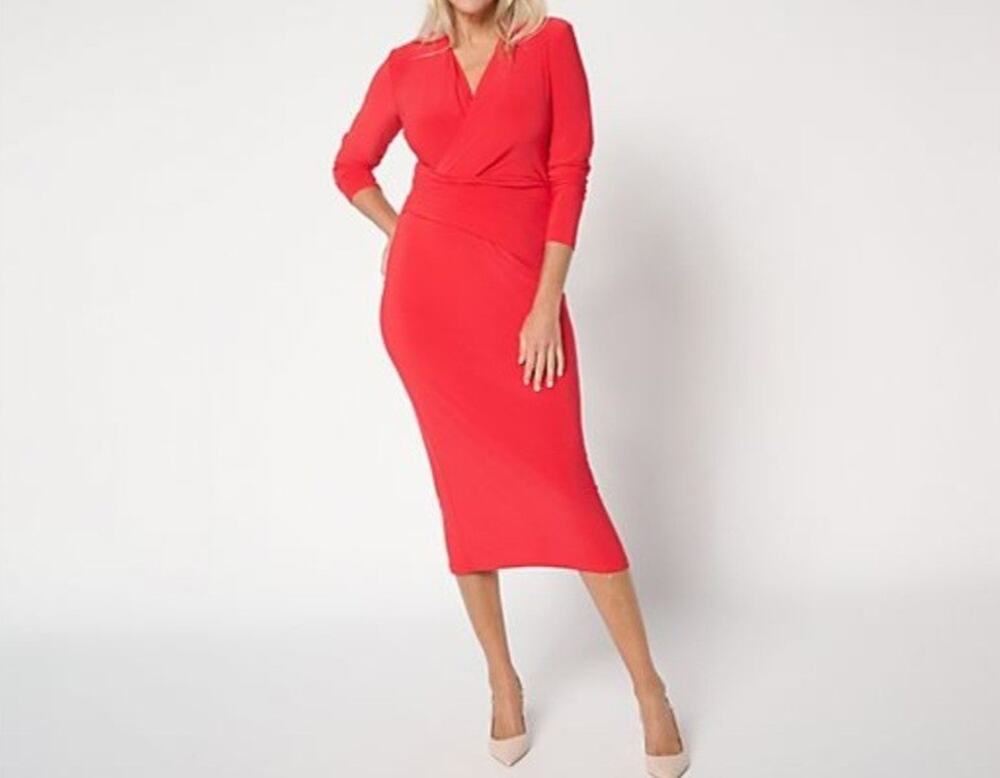 Attitudes By Renee PM Power Red Como Jersey Surplice Midi Dress A708815 NWOT